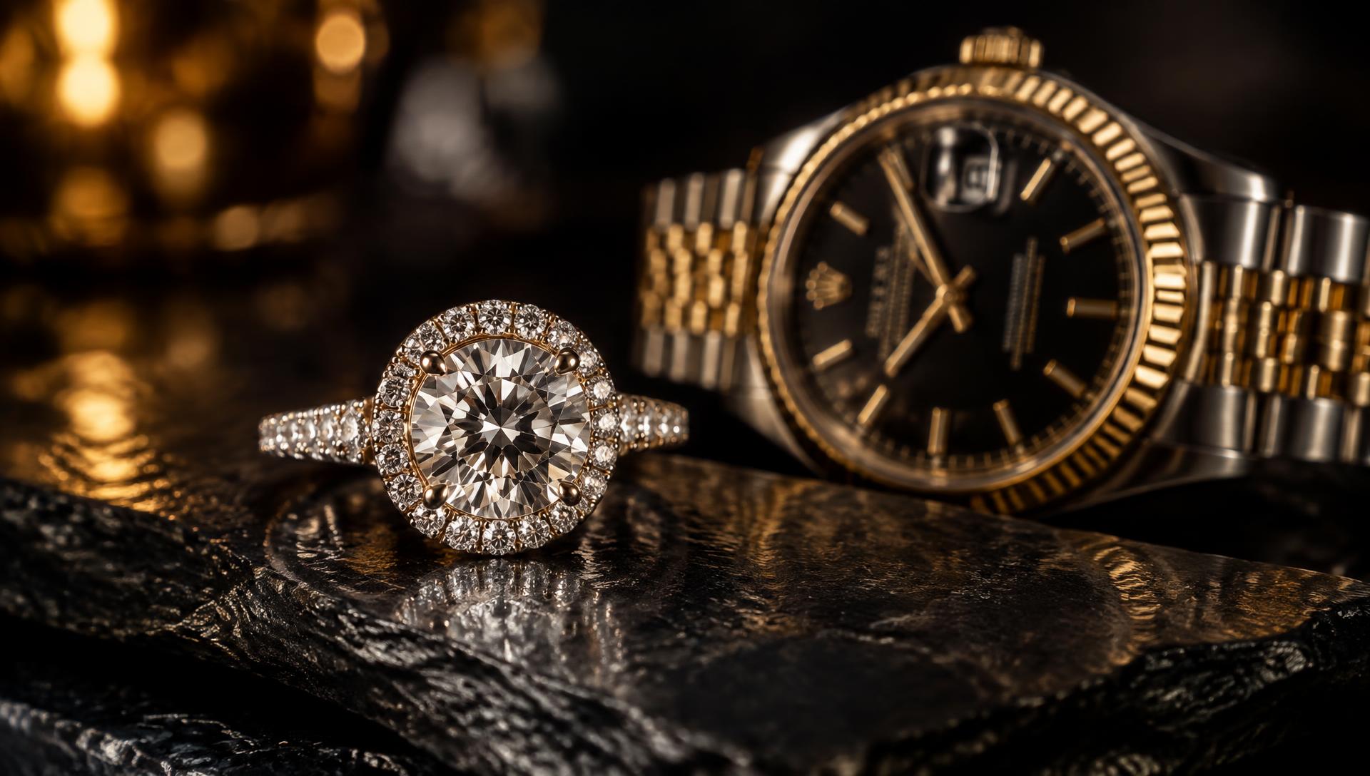 Diamond halo engagement ring beside a two-tone luxury watch